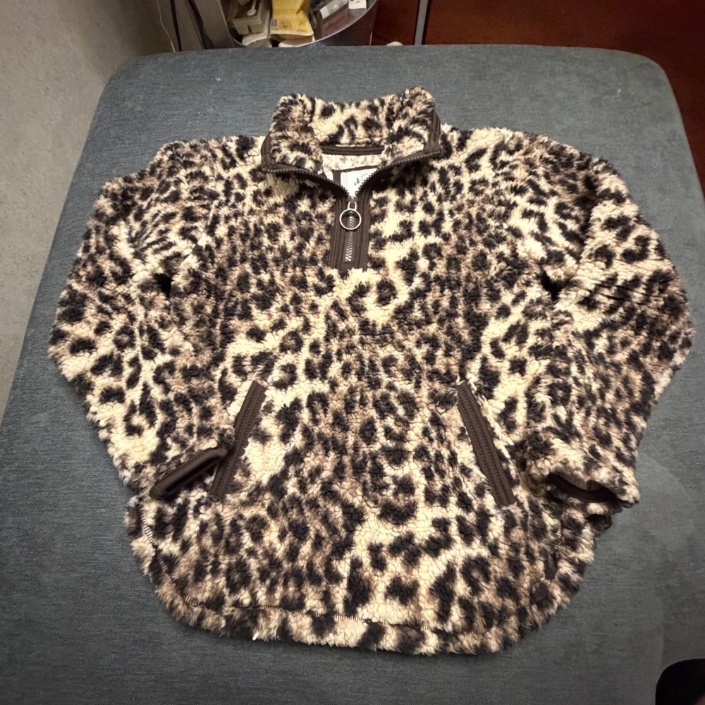 Cuddly Sherpa KidsLeopard Print Quarter Zip Fleece Pullover Jacket Tan Brown 7/8